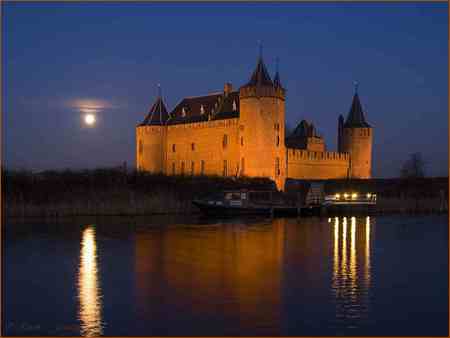 A castle by the river - moon, castle, light, river