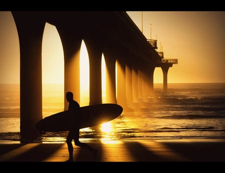 The Surfer - silhouette, sunshine, dark, golden, surfer, sunrays, bridge