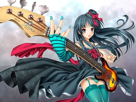 She play guitar - hat, guitar, music, play, blue nails, red ribbon, black dress