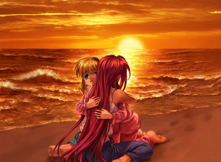 Friendship - sunset, good by, sea, two friends, sand, sun, very sad, sky