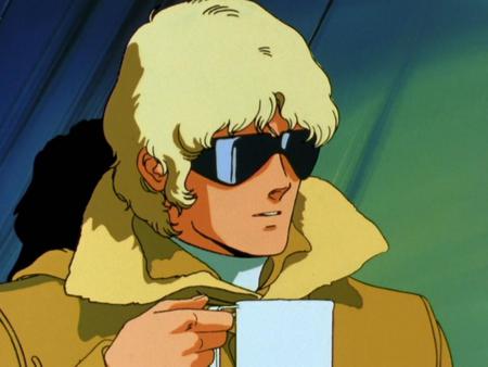 Quattro and a cup of coffee. - bajeena, aznable, gundam, zeta, quattro, mug, jacket, char, sunglasses