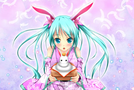 Bunnygirl Miku - aqua, hot, music, japanese, anime girl, white, rabbit, cool, aqua eyes, kimono, hatsune miku, sexy, pillow, blushing, song, vocaloids, ears, program, vocaloid, pink, beautiful, blush, diva, beauty, nice, twintail, singer, traditional, aqua hair, bunny, black, virtual, pretty, idol, anime, miku, cute, girl, culture, hatsune, red, blue, awesome