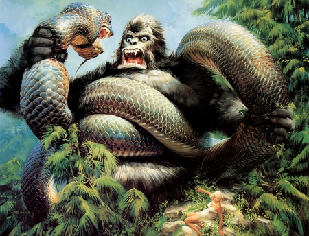 King Kong & The Snake - king, fantasy, kong, snake, art