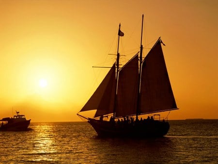 sailing at sea at sunset - nature, water, sunset, sailboat, sea, boat