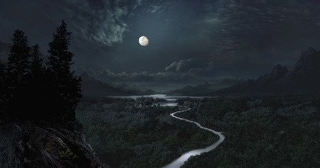 Moon - moon, lake, mountain, forest, river, night