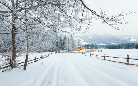 Winter - road, beautiful, white, architecture, view, nature, mountains, path, winter, landscape, beauty, peaceful, sky, houses, lovely, house, trees, snow