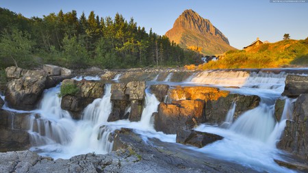 Beautiful Waterfall - greens, river, trees, beautiful, big waterfall, blue sky, mountain, rocks