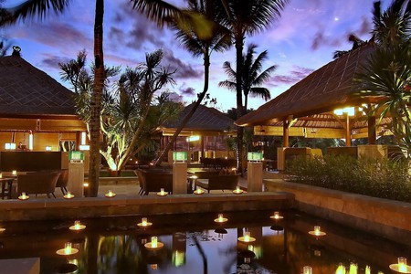 Resort - pretty, trees, water, beautiful, resort, sunset, pool, lights, houses, sky