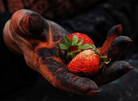 farmer lady's hand covered with black henna - hands, strawberry, lady, charming, black