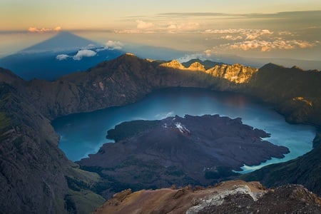 Rising Shadow - volcano, lake, mountains, valley, sky