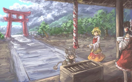 Hakurei Shrine - anime, bushes, reimu hakurei, mousegirl, shrine, touhou, mouse ears, mouse tail, shou toramaru, sky, clouds, donation box, brown eyes, yellow eyes, trees, mouse girl, blonde hair, brown hair, nazrin, grey hair, hair ornament