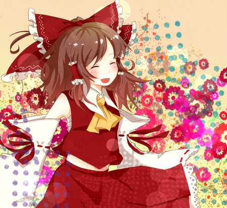 Reimu Hakurei - priestess, anime, kawaii, reimu hakurei, shrine maiden, brown hair, flowers, touhou, red, red hair bow, cute