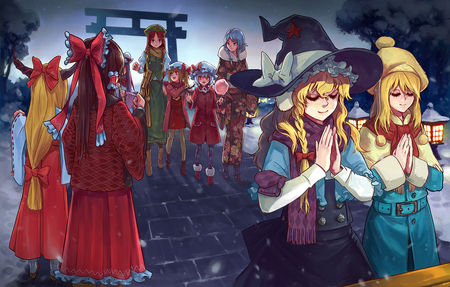 A Gathering At The Shrine - remilia scarlet, priestess, vampire, brown hair, red eyes, touhou, suika ibuki, blonde hair, cotton candy, anime, hong meiling, kimono, alternate costume, silver hair, flandre scarlet, youkai, patchouli knowledge, blue eyes, shrine maiden, alice margatroid, closed eyes, red hair, hakurei reimu, sakuya izayoi, witch, blue hair, marisa kirisame, japanese cloths, shrine