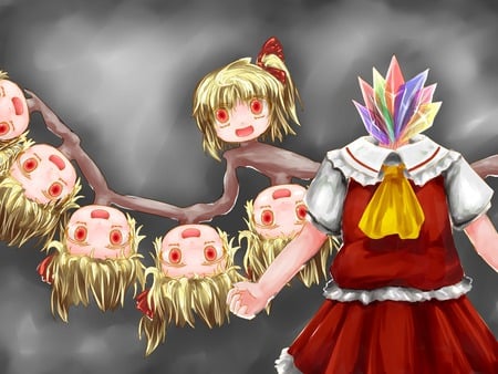 Just A Little Creepy - anime, multiple heads, flandre scarlet, crystals, weird, red blouse, vampire, touhou, red skirt, creepy