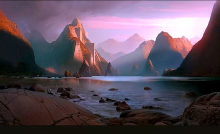 Peaceful Morn - morning, lake, pastel sky, light, mountains, misty clouds, peaks