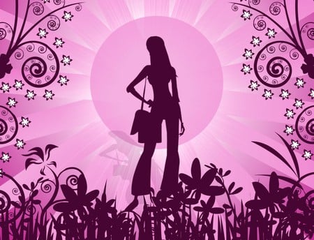 Pink Shadow Girl - silhouette, girl, floral, sun, pink