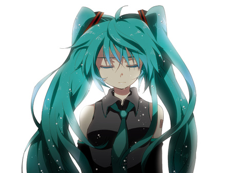 Sad - aqua, tears, music, anime girl, white, art, cool, aqua eyes, artistic, hatsune miku, song, vocaloids, program, vocaloid, beautiful, diva, nice, beauty, twintail, singer, aqua hair, black, virtual, painting, pretty, idol, anime, miku, cute, girl, rain, sad, wet, drawing, hatsune, tie, awesome