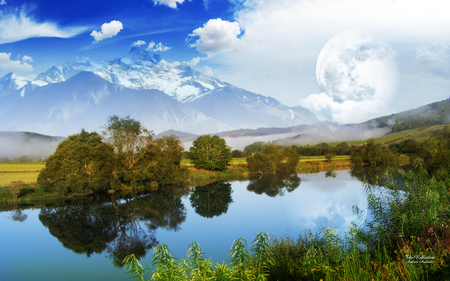 The Reflection - moon, tree, mountain, river