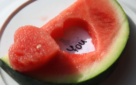 love in watermelon - love, heart, funny, you, text, fruit, abstract, red, food