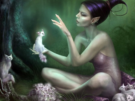 Elf With Her Cats - fantasy, woman, cats, 3d, elfe