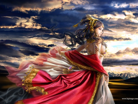 Princess - woman, princess, sky, girl, colorful, red dress, 3d, blue, golden