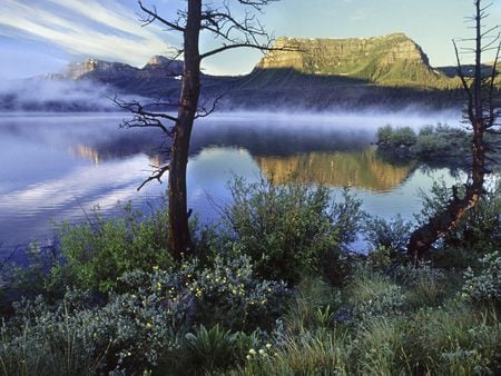 Misty lake - hill, sky, mountain, reflexion, forest, blue, green, tree, misty