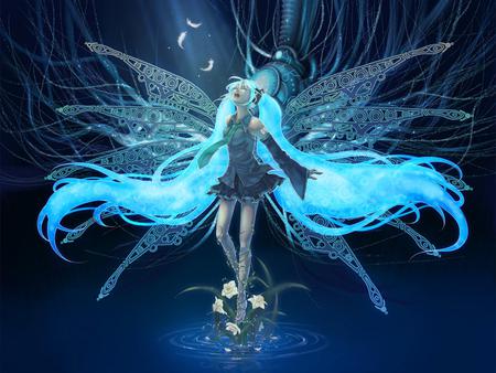 Angel Miku - pretty, artistic, angel, light, headphones, nice, synchronicity, abstract, program, hot, thighhighs, beauty, virtual, drawing, white, wings, butterfly, cute, aqua eyes, feathers, song, sexy, bird, vocaloid, anime, blue, twintail, hatsune miku, microphone, music, aqua, art, idol, anime girl, skirt, beautiful, singer, girl, cool, black, glow, miku, awesome, diva, painting, aqua hair, hatsune, vocaloids, headset