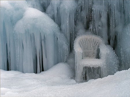 Frozen in time - white, ice, chair, cold, snow, winter, frozen