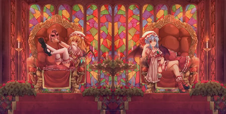 Touhou - skull, remilia scarlet, girl, throne, colorful, touhou, window, wing, flowers