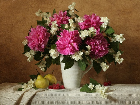 Beauty of color - flowers, vase, cherries, spoon, cloth, table, raspberries, pears