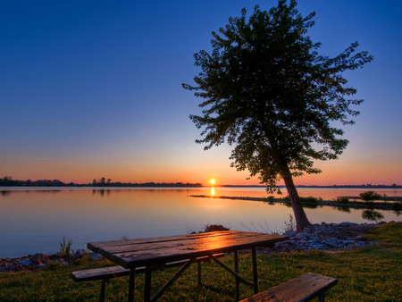 Old park beanch - sky, water, tree, sunset, nature