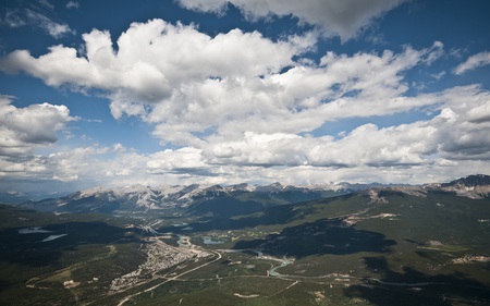 Jasper form Mt Whistler - valley, sky, panorama, mountains, nature, town, clouds, blue, beautiful