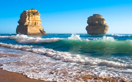 The Other Two - skies, nature, blue, beautiful, beaches, rock, waves, formations