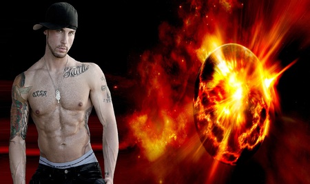 set me on fire - male, fire, planet, model, tatoo