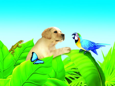 Sweet labrador in jungle - puppy, pet, bird, labrador, butterfly, dog, parrot, animal, sweet