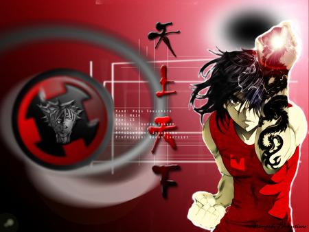 Nagi Souichirou - red background, tattoo, anime, souichiro nagi, nagi souichiro, male, singlet, tenjho tenge, black hair, tenjou tenge, lone, nagi