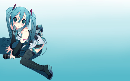 Hatsune Miku - aqua, hot, headset, thighhighs, music, anime girl, white, cool, aqua eyes, hatsune miku, skirt, sexy, blushing, song, vocaloids, program, sky blue, vocaloid, beautiful, blush, diva, nice, beauty, twintail, singer, aqua hair, black, virtual, pretty, idol, anime, miku, cute, girl, hatsune, microphone, headphones, blue, tie, awesome