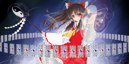 Reimu Hakurei - red eyes, touhou, bow, red dress, shrine maiden, reimu hakurei, cute, spell cards