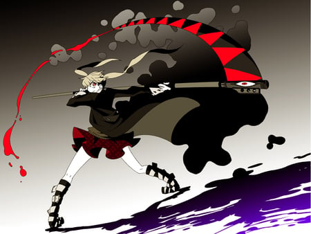 Maka Albarn - skirt, scythe, blood, maka albarn, boots, gloves, black, red eyes, white, twin tails, black coat