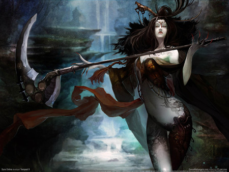 Sura Online - female, video game, anime girl, evil, waterfall, fantasy, tattoo, art, online, game, dark, fear, ribbon, sura online, reaper, scythe, night, dark evil scythe, hd, alone, sura