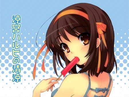 Suzumiya Haruhi - pretty, popsicle, suzumiya haruhi, female, girl, brown hair, short hair, cute, hair ribbons, sexy