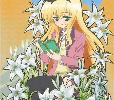 Isurugi Mio - hair ribbon, thigh highs, isurugi mio, long hair, book, school uniform, green eyes, pretty, blonde hair, flowers, cute