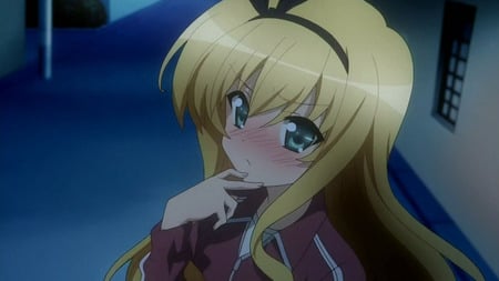 Isurugi Mio - hair ribbon, isurugi mio, blushing, long hair, green eyes, pretty, blonde hair, track suite, cute