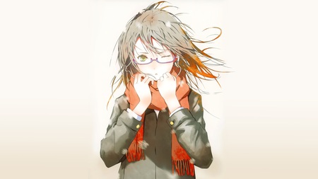 School Girl - fuyuno haruaki, headphone, anime girl, kawaii, fuyuno, green eyes, manga, red muffler, haruaki, school girl