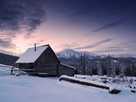 Winter - beauty, cottage, sky, trees, peaceful, mountains, sunset, view, clouds, architecture, house, houses, landscape, winter, lovely, nature, snow, beautiful, colors