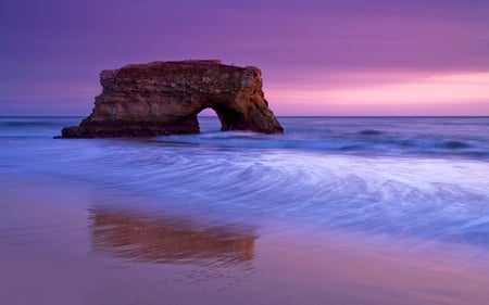 Perfect Day - beach, beautiful, rock, sea, lilac, ocean, pink, sand, purple, surf, waves, hole, door way