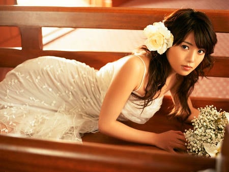 Lovely bride - woman, wedding, floers, bench, bride, gown, asian, white, beautiful, dress