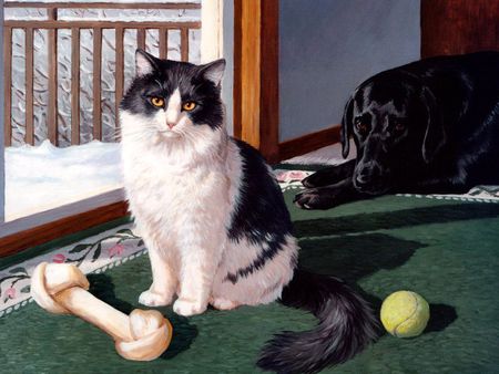 Kitten with bone - animal, kitten, bone, painting, snow, cat, calico