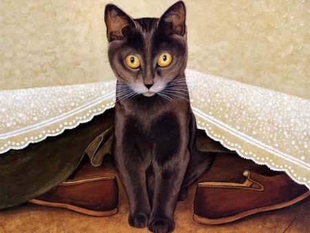 Out from under the bed - bed, animal, kitten, painting, cat