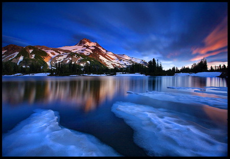 Brushed with blue - reflections, brushed clouds, blue, mountains, peaceful, sky